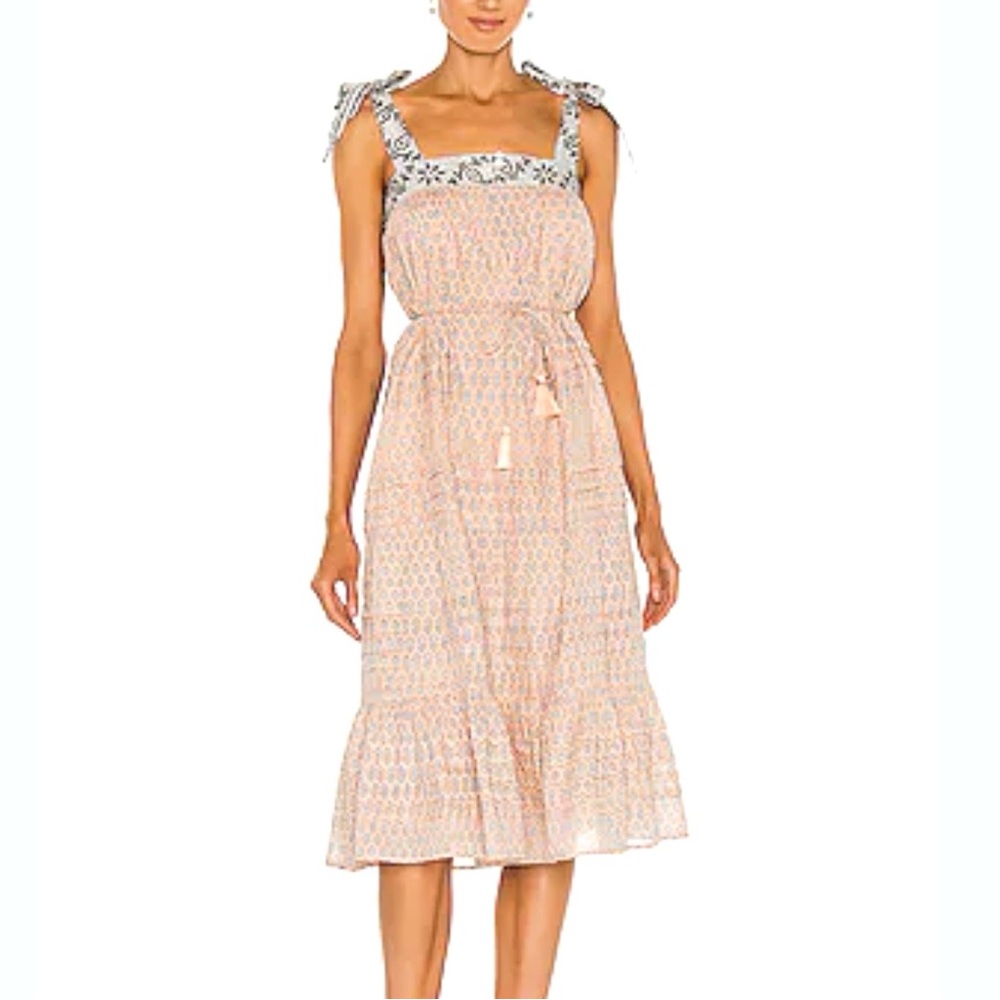 Cleobella Cassandra Midi Dress Scallop Block Print Shoulder Ties Summer SZ S EUC